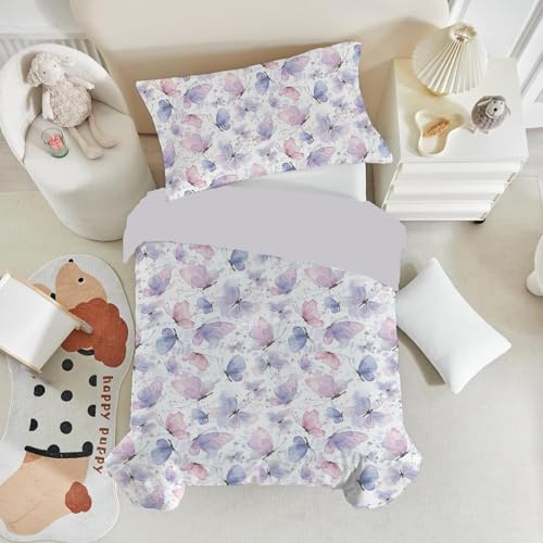 DJDEA Single Kids Duvet Cover Set, Butterfly Reversible Girls bedding set, Cute Single Duvet Cover 135x200cm With Zip Fastening Comes With 50x75 cm Pillowcase