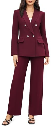 Casly Lamiit 2-teiliges Business-Casual-Outfit für Damen, zweireihig, Blazer, elegant, weites Bein, Arbeitshose, Anzüge, Weinrot, X-Groß