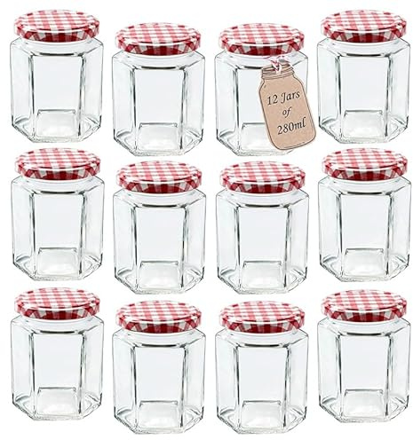 12 Pots de Confiture hexagonaux de 280 ML, Les pour la Fabrication de Bougies et la Conservation des Aliments (vides)