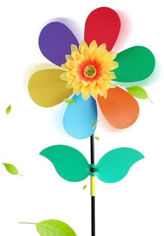 Molino de viento con forma de girasol y arco iris | Giratorio de flores de viento para césped, patio trasero, puerta delantera, exterior para niños