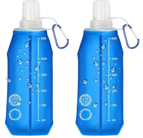 oooaooo Lot De 2 Gourdes Pliables Avec Mousqueton 500 Ml, Flasque Running Gourde 500ml Pour Festival, Flasque Running 500ml, Gourde Souple Pour Vélo, Randonnée Jogging Camping Escalade