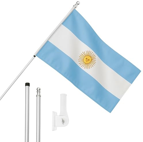 I LOVE FANCY DRESS Bandera de Argentina, mástil y soporte de pared, bandera argentina de 5 x 3 pies con ojales, poste extensible y soporte, decoración para interiores y exteriores