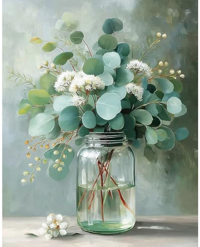 DAERLE Flor de eucalipto Pintar por Numeros Adultos, DIY Painting by Numbers Kits, Jarrón con flores, Cuadros para Pintar por Numeros Pinturas Acrilicos, decoración para el hogar 40x50cm Sin Marco