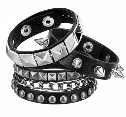 Grevosea 3 stycken nitar armband punk rock läder nitarmband män kvinnor armband emo accessoarer gotiskt brett med lås för fest/konsert/cosplay