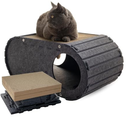 Katzenhaus Katzenhöhle Kratzbrett mit Kratzpappe für Katzen 60×31×27 cm – Höhle Katzenbett flauschig mit 2 Eingängen, Kratzfläche aus Pappe, Katzenversteck Katzenzelt Katzenzubehör - Grau