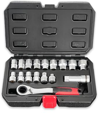 YUEHISY 17-teiliger Durchgangs-Steckschlüsselsatz, 10–24 Mm, 12-kant-Stecknuss mit 72T-Umschaltknarre, 1/2-3/8-Zoll-Antriebsadapter, für Sechskant-Vierkant-Spline