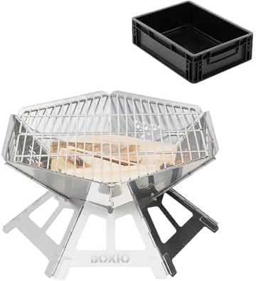 BOXIO - Fire: Stainless Steel Fire Bowl with Grill - Octagon Fire Pit Outdoor & Camping Grill, Small Fire Bowl with Spark Protection, Mini Fire Barrel & Fire Basket for Garden & Campfire (Fire)