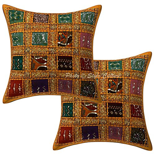 Stylo Culture Ethnico Fundas Cojines Decorativa 40x40 cm Algodón Geométrico Funda Almohadon Sofa Amarillo Mango 16x16 Inch Labor De Retazos Cuadrado sobre Fundas De Almohadones para Cama - 2 Pcs