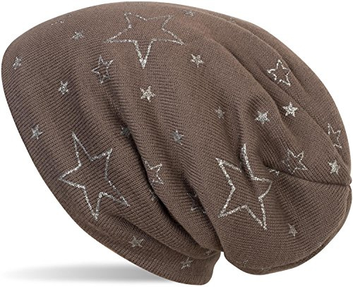 styleBREAKER Damen Feinstrick Beanie Metallic Sterne Print | Slouch Passform, wärmendes Teddyfleece Innenfutter, Bundweite 26 cm, Höhe 29 cm, elastisch für bis zu 59 cm Kopfumfang.
