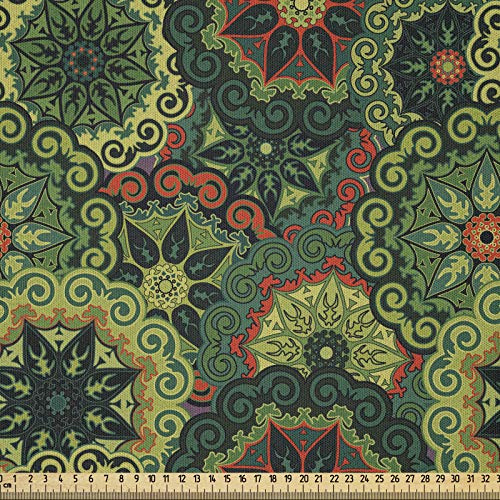 ABAKUHAUS Mandala Stoff als Meterware, Einheimische Kultur, Microfaser Stoff für Dekoratives Basteln, 1M (230x100cm),Hellgrün Dunkelgrün Zinnoberrot