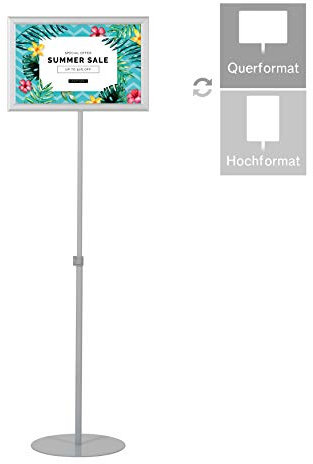 DISPLAY SALES Infoständer Teleskop doppelseitig in DIN A3 | Plakathalter in silber | höhenverstellbar, schwere Stahlfußplatte, Hoch- und Querformat Einsatz mit Einschubrahmen