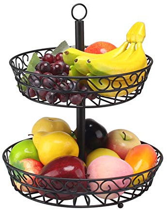 EVER RICH ® Two Tier Black Fruit Basket - COUNTERTOP Fruit Basket Keeps Your Fruits Fresh (2 Tier BLK Bowl)