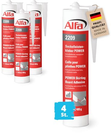 Alfa Sockelleistenkleber POWER 4 x 310 ml Montagekleber zur Befestigung von Sockelleisten - starkklebend schnellhaftend schnelltrocknend - Klebkraft 350 kg/m²