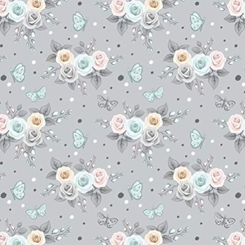 100x160cm 100% Baumwolle Baumwollstoff Streifen Blumen Meterware Handwerken Nähen Stoff (Blume Rosen Grau)