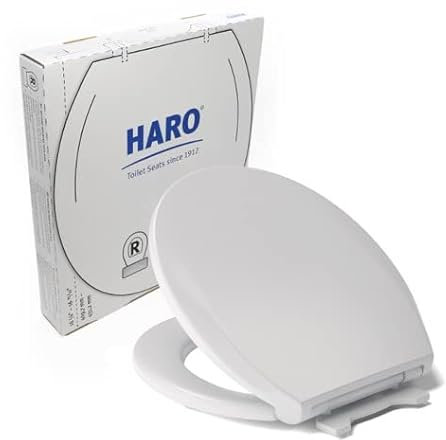 HARO Runder WC-Sitz, langsam schließender Sitz, strapazierfähig bis zu 250 kg, Schnellverschluss und einfache Reinigung, Schnellbefestigung, rutschfeste Stoßstangen, weiß, Premium-Duroplast,