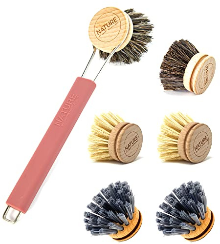 wilma nature XXL Set: Spülbürste + 6X Bürstenkopf | Halterung aus Edelstahl & Silikon, je 2X Rosshaar-, Kaktus- und Synthetikborstenkopf | austauschbar, nachhaltig: Farbe: Burgund