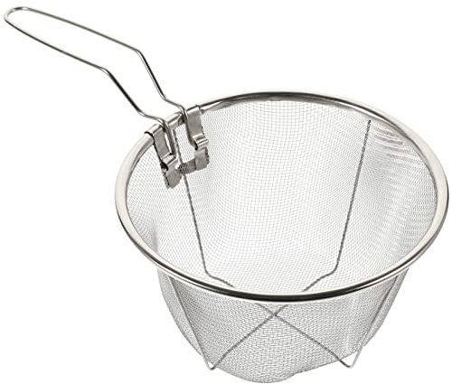 Panier à Friture Pliable en Acier Inoxydable 18cm pour Cuisson | Maille Ronde, Poignée Ergonomique Longue, Trous de Drainage Denses et Réguliers, Couleur Argenté