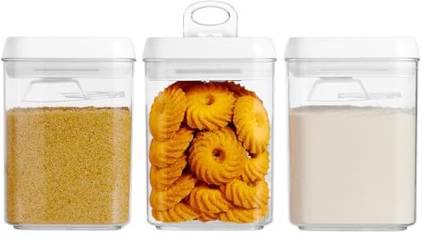 Felli Flip Tite - Contenedor de almacenamiento con cuchara integrada y tapa hermética de 5 pulgadas, tapa abatible de anillo grande M, recipiente acrílico apilable para polvo de harina de arroz