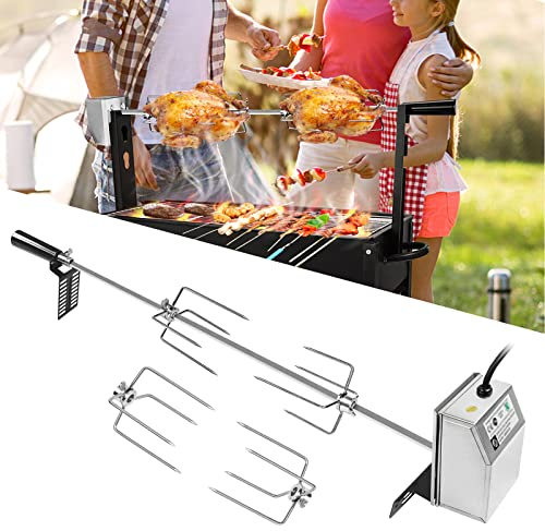 YARDIN Grillspieß Set 117cm Rotisserie Brathähnchen Drehspieß mit Edelstahl Motor 220V - 240V mit 4X Fleischnadeln Universal Grillspiess(Grill und 4 Gabel)