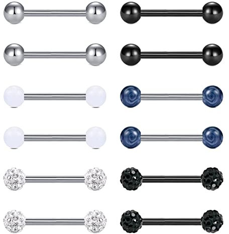 LAURITAMI 6 Paar Zungenpiercing Brustwarzenpiercing Edelstahl 1.6mm 14mm Stab Barbell Piercing Zunge Brustwarze Nippel Bars