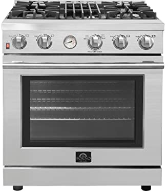 FORNO Full Gas 30 Inch. Freestanding Range with 4 Sealed Burners Cooktop - 4.62 Cu. Ft. Convection Oven Capacity - Stainless Steel Heavy Duty Cast Iron Grates.