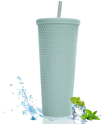 XQZMD Bicchiere con borchie con coperchio e cannuccia, in plastica a doppia parete, per ghiaccio, caffè, bevande, acqua, frullati o frullati, tazza da caffè ghiacciata