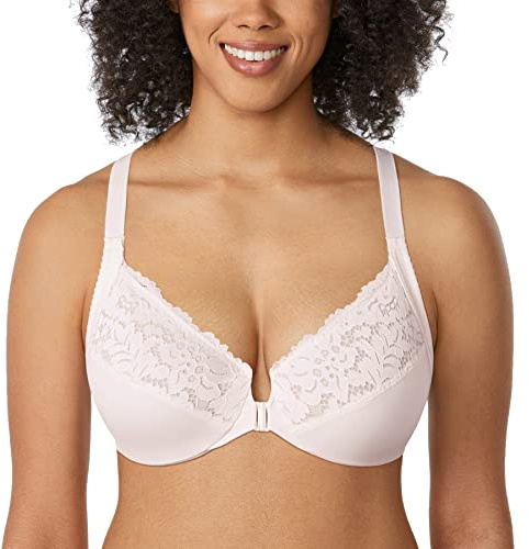 DELIMIRA Kvinnors Främre Stängning Plus Size Full Täckning Spets Bygel Racerback Bh Vit kokosnöt 85E