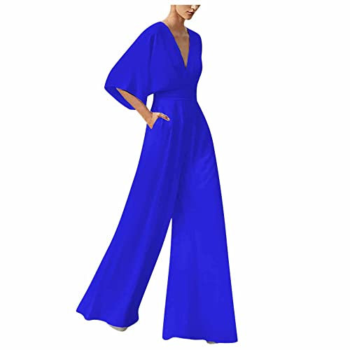 RMBLYfeiye Jumpsuit Damen Lang V-Ausschnitt Einfarbiges 3/4 Ärmel Chiffon Jumpsuit Mit Taschen Hohe Taille Tailliert Tunika Overall Hosenanzug Festlich Jumpsuit Elegant Hochzeit Gast