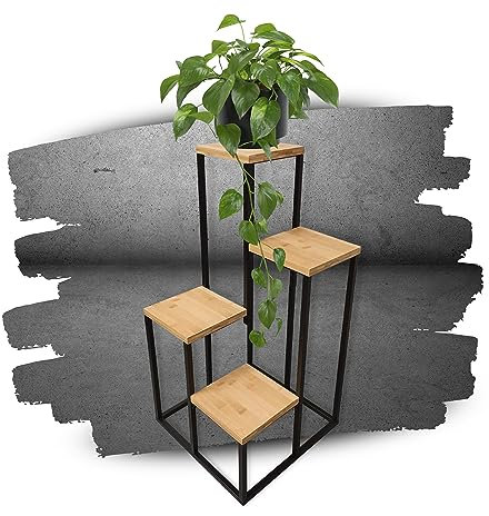 Schauer Pflanzentreppe mit 4 Ebenen natur/schwarz - aus Bambus auf Metallgestell - Blumenständer für den Innen- und Außenbereich - Pflanzenregal im Industrial-Design