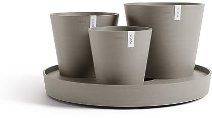 Ecopots Blumentopf Set Dubai - braun grau - 3 Blumentöpfe + rollbarer Untersetzer ø 56 cm - Pflanzentopf aus Recycling Kunststoff - Übertopf modern für Indoor und Outdoor