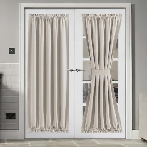 NICETOWN Blackout Curtain Panel for Front Door Kitchen Faux Linen Window Curtains Thermal Insulated Rod Pocket Drapes for Glass Door with Tieback W54 x L72, Angora, 1 Panel