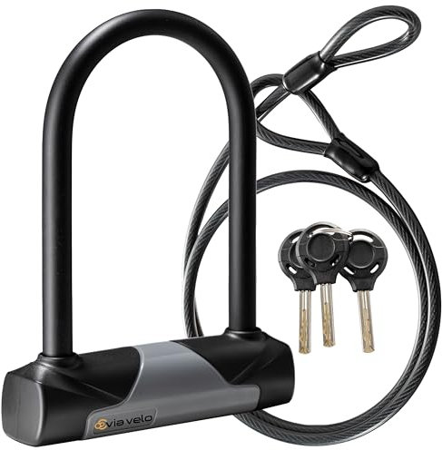 Via Velo Bike U-Lock with Cable, Heavy Duty Anti-Theft Bicycle U Locks with 8mm Braided Steel and 3 Keys, 4ft Length Security Cable for E-Bike, Scooter Mountain Road Bike