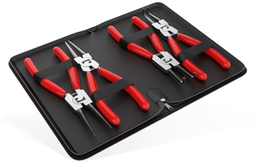 RAVN HAMAN 4 x Snap Ring Pliers 175 mm Red - Circlip Pliers with Precisely Shaped Pliers Tips - Non-Slip Handles - Tool for Internal and External Circlips - With Storage Bag