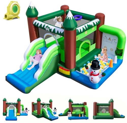 GOPLUS Castillo Inflable Niños, Tobogán, Pozo de pelotas, Cesta de Baloncesto, Agujeros de Lanzamiento, Lanzamiento de Anillos, Decoración Muñeco de Nieve, Soplador de 680 W, Interior/Exterior