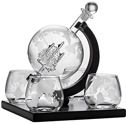 New Whiskey Decanter Globe Set with 4 Etched Globe Whisky Glasses - for Liquor, Bourbon, Vodka