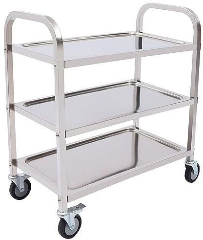 Chariot de service en acier inoxydable à 3 étages - Chariot de cuisine avec 4 roues ergonomiques - Roulettes pivotantes à 360° - Chariot de cuisine - Salle de bain - Cosmétique - Chariot de service à