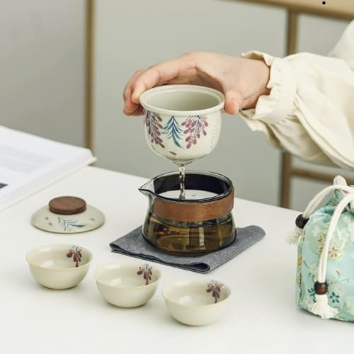 Juego de té portátil con temática floral, 1 tetera de cerámica y 3 mini tazas, regalo de té para los amantes del té (Wisteria)