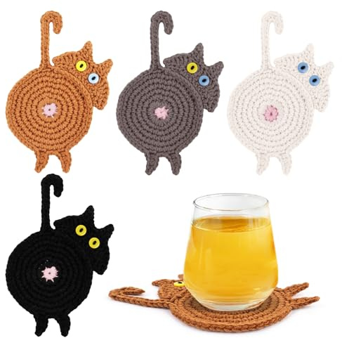 DICHA Sottobicchieri all'uncinetto a forma di gatto che sbircia, idea regalo per gatti, sottobicchieri isolanti per caffè e tè, fatti a mano, set di 4