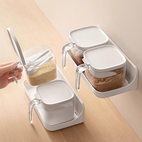 STORICANS Spice Jars Clear Condiment Canisters Pots, Salt Pig Pot Condiment Jar Spice Container with Lids and Spoons, Seasoning Box Set of 2 Spice Jars Salt Container Sugar Bowl for Kitchen(White)