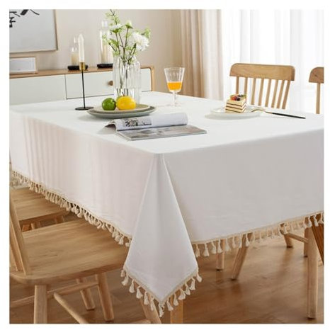 Epinki Tischwäsche 100x140CM, Tischdecke Einfarbig mit Quaste Baumwolle, Tischtücher Biertisch Wasserabweisend für Esszimmer, Garten, Party, Hochzeiten oder Haushalt, Weiß