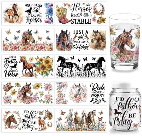 arricraft 10 Blatt Horse UV DTF Cup Wrap Für 16OZ Glas PVC Transferaufkleber Mit Aufschrift „Keep Calm And Love Horses“ Schmetterling Blumen Tier Für Selbstgemachte Becher