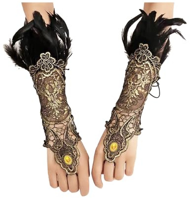 songyea Damen Schwarz Feder Handschuhe, Vintage Spitzenhandschuhe, Gothic-Netzhandschuhe, Fingerlose Lange Handschuhe für Hochzeit Halloween Cosplay