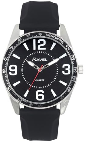 Ravel - Reloj de Hombre con Números Grandes en Tono Plateado y aro Superior Negro en Correa Deportiva de Silicona - Cuarzo Analógico - RS001