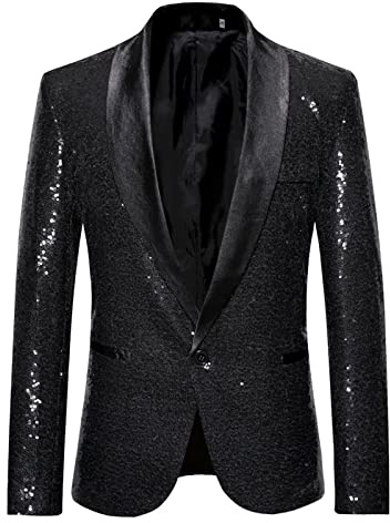 Giacca con paillettes da uomo Blazer Giacche Sportive Slim Fit Leisure Blazer Giacca Smart Casual Ideale per palcoscenico o danza Performance Paillettes Tinta unita Suit, Nero , S