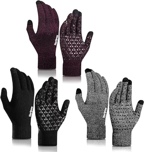 Nertpow Winter Gloves Touchscreen Gloves 3 Packs, Gloves for Men Knit Anti-slip, Gloves for Women with Warm Fleece Lined(Black&Black_White&Rose_Red_Black-L)