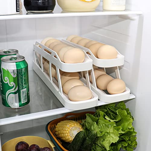 Yallmie 2 Tier Egg Storage Fridge, Fridge Egg Holder Dispenser Space-Saving Scrolling Rack Holder for Kitchen Refrigerator Table (White)