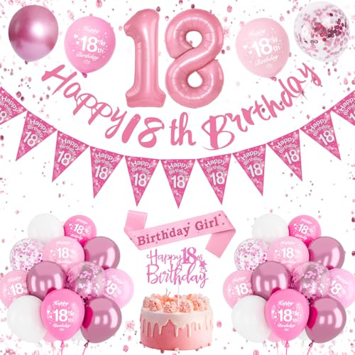 Rosa 18. Geburtstag Dekoration Kit mit Banner, Nummer 18 Ballon und Dreieck Flagge