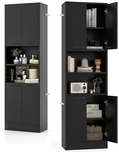 KOMFOTTEU Hochschrank Aufbewahrungsschrank 190 cm, Mehrzweckschrank Küchenschrank mit 4 Türen & halboffenem Regal, Badezimmerschrank Bücherschrank 56 x 30 x 190 cm (Schwarz)