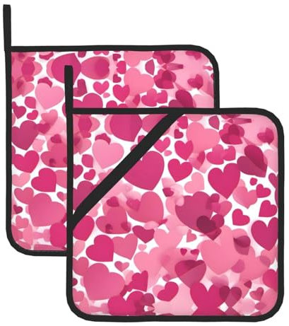 BROLEO Set di 2 presine da 20,3 x 20,3 cm, resistenti al calore e durevoli, accessori da cucina con tessuto impermeabile, stampa a cuori rosa
