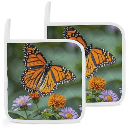 Lot de 2 maniques professionnelles en forme de papillons monarques pour cuisine - Résistantes à la chaleur et antidérapantes